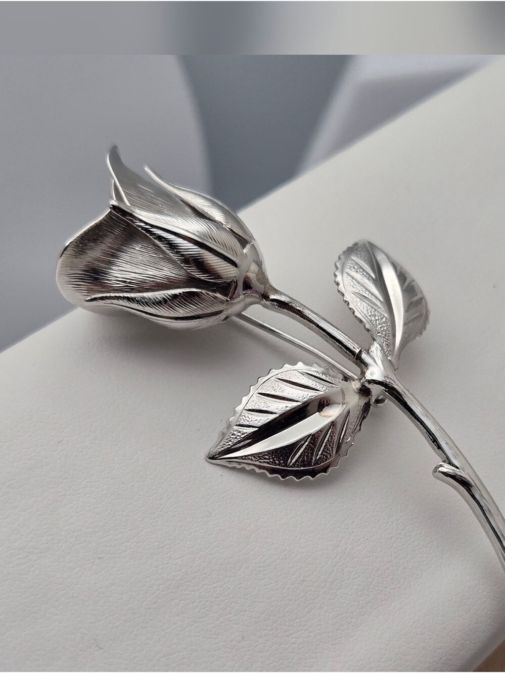 Vintage Silver Tone Rose Brooch Detailed Floral Pin 2.75" Classic Statement